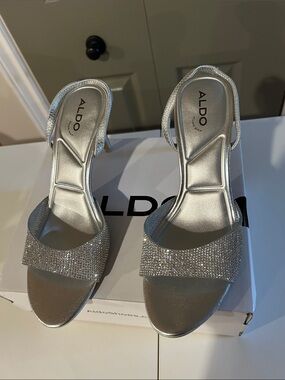Aldo Metallic Silver Rhinestone Strap Open-Toe Heels